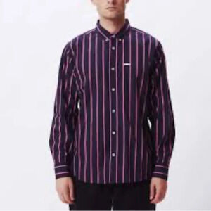 Obey Men's Casual Button Down Shirt - Navy and Pink Stripes